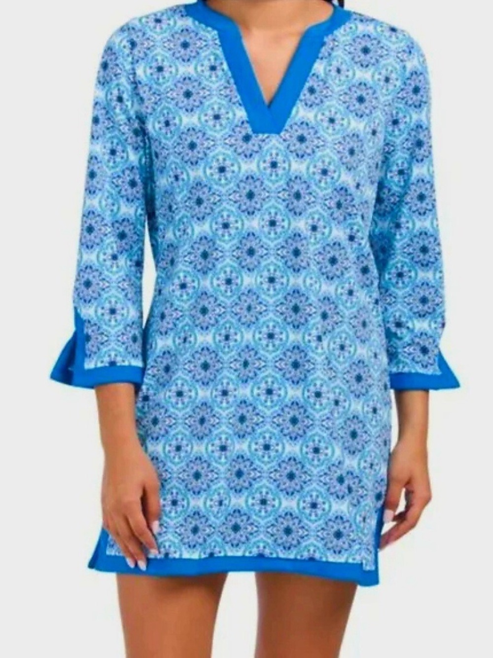 Blue Patterned V-Neck Women's Dress size large